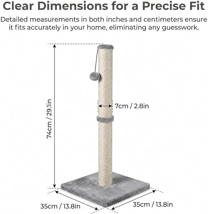 Dimaka 29" Height Tall Cat Scratching Post, Claw Scratcher with Sisal Rope and Covered with Soft Smooth Plush, Vertical Scratch [Full Strectch] for Standard Size Cats(Grey, 29 inches for All Cats)