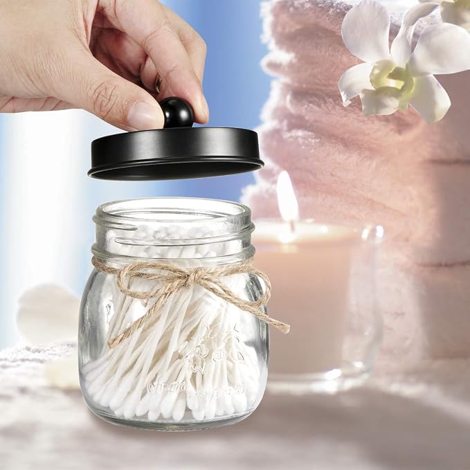 SheeChung Small Glass Mason Jar Qtip Holder with Black Stainless Steel Lid | Clear Apothecary Jar Canisters Set,Bathroom Jar Dispenser,Vanity Storage Organizer for Cotton Swab,Ball,Floss,Farmhouse Decor