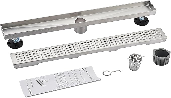 AVSIILE Linear Shower Floor Drain, Brushed Nickel 42 Inch 304 Stainless Steel Bathroom Drains Kit, Long Rectangular Shower Trench Drain with Square Pattern Drain Cover & Hair Catcher