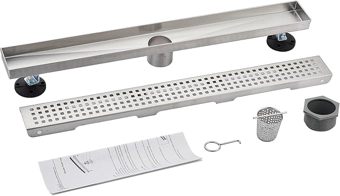 AVSIILE Linear Shower Floor Drain, Brushed Nickel 60 Inch 304 Stainless Steel Bathroom Drains Kit, Long Rectangular Shower Trench Drain with Square Pattern Drain Cover & Hair Catcher