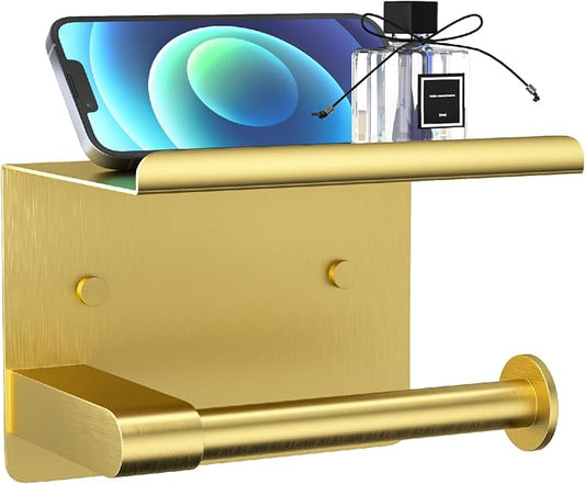 GLNLQ Brushed Gold Toilet Paper Holder Wall Mount, Adhesive or Screw-in | Fits Mega Rolls Size, Waterproof and Rustproof Stainless Steel, with Shelf Wall Mount Design, Thickened Thickness Design