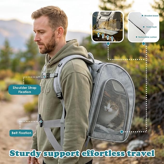 Cat Backpack Carrier, 16.5" Extra Wide Expandable Large Pet Carrier | Backpack for Cats & Small Dogs Up to 20lbs – Foldable with Breathable Mesh, 16.5"x14.9"x9.8" for Hiking & Air Travel (Grey)