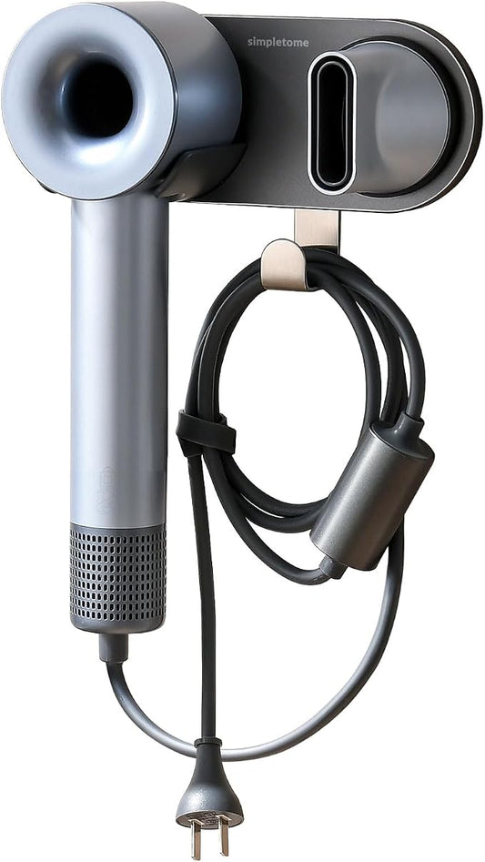 simpletome Hair Dryer Holder Wall Mount for All Magnetic High Speed Blow Dryer with Plug Cord Organizer Hook (Aluminum Alloy, Grey)