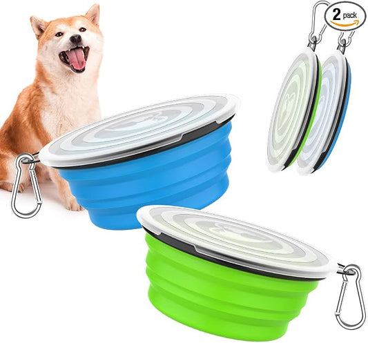 Pawaboo Collapsible Travel Dog Bowls 2 Pack with Lids&Carabiners Silicone | Feeding Watering Bowls for Dogs Cats, Collapsable Water Feeder Food Bowl for Walking Traveling Home Use, Blue + Green