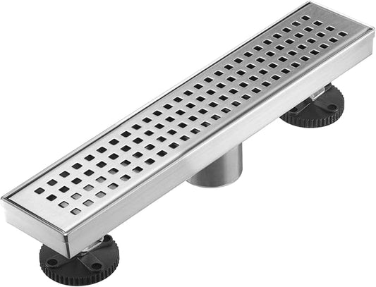 AVSIILE Linear Shower Floor Drain, Brushed Nickel 12 Inch 304 Stainless Steel Bathroom Drains Kit, Long Rectangular Shower Trench Drain with Square Pattern Drain Cover & Hair Catcher