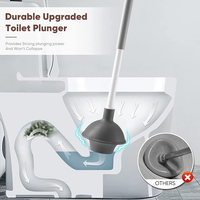 Eyliden Toilet Plunger and Brush Set, 2-in-1 Compact Holder | Unclogs Toilets, Deep Cleans Bowls, Nylon Bristles, Rubber Cup, Durable Plastic Caddy, Space-Saver, Bathroom Cleaning Tools