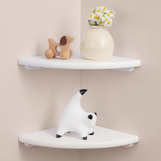 Gieanoo Floating Corner Shelves Set 2 10inch White Solid Oak Rounded Corner Shelves Wall Mounted with Cable Hole Wood Corner Hanging Shelves for Living Room Bedroom Bathroom Kitchen
