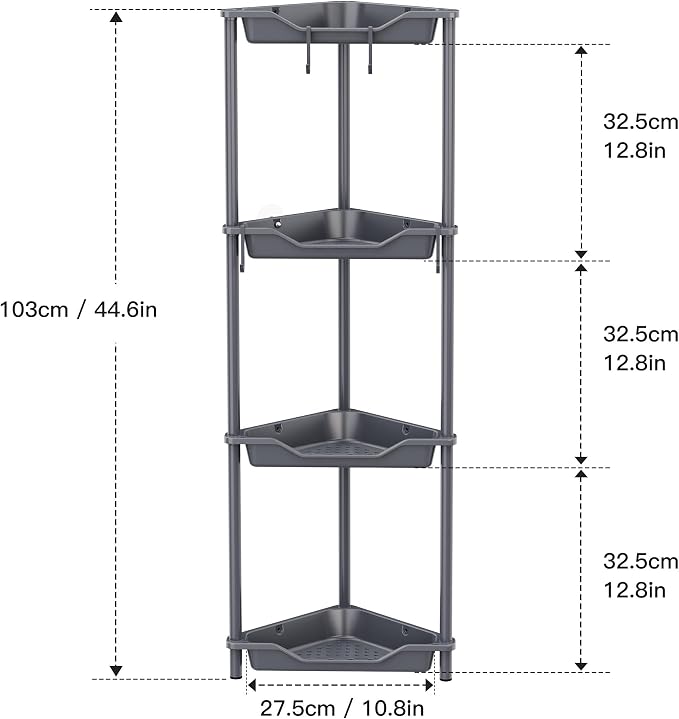 Orimade Rustproof 4 Tier Floor Standing Corner Shower Caddy Organizer, Plastic Metal Splicing Floor Corner Shelf Rack Storage Stands for Bathroom,10.8 x 10.8 x 44.6 inches, Grey
