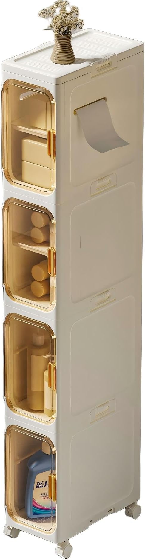Slim Bathroom Storage Cabinet, Foldable & Movable Narrow Storage Organizer for Small Spaces, Bathroom, Kitchen, Laundry Room, Living Room (4-Tier)