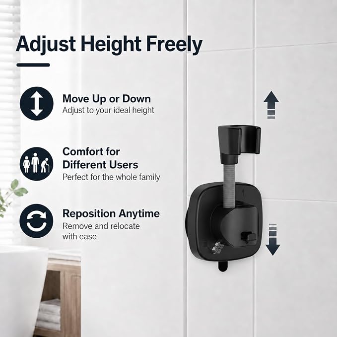 Black Shower Head Holder, Suction Cup Handheld Shower Holder, No Drill Adjustable Shower Wand Bracket with Lever Lock Removable Holder for Smooth Tile Glass Marble Metal Fits Most 1/2" Hoses