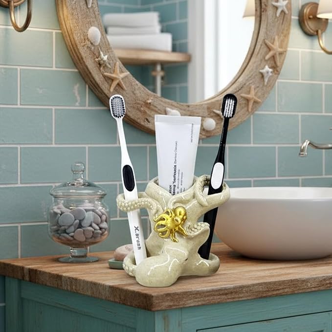 5-inch Gold Octopus Toothbrush Holder - Resin Bathroom Organizer with Mother & Baby Design, Nautical Theme Decor & Suction Cup Base
