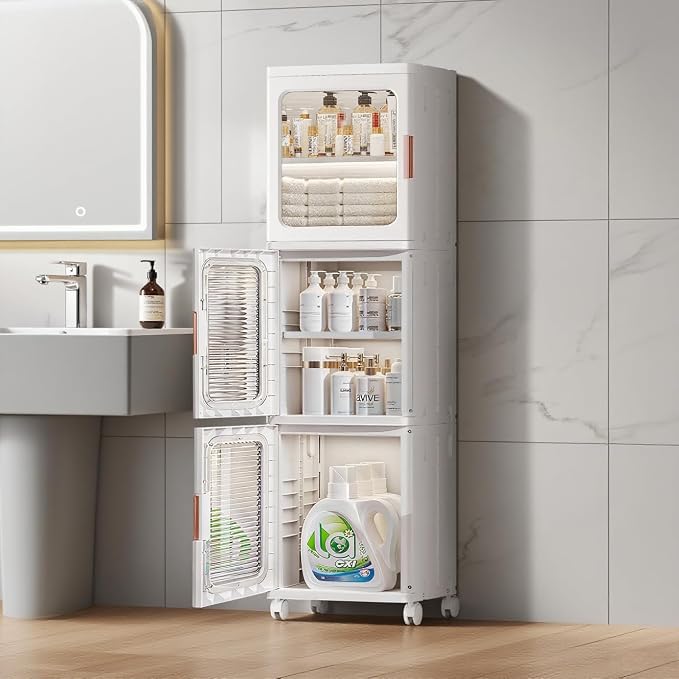 3-Tier Slim Bathroom Storage Cabinet with Doors and Movable Wheels Plastic Organizers and Storage Cabinets Small Spaces for Bathroom Pantry Kitchen Laundry Room Quick Assembly White