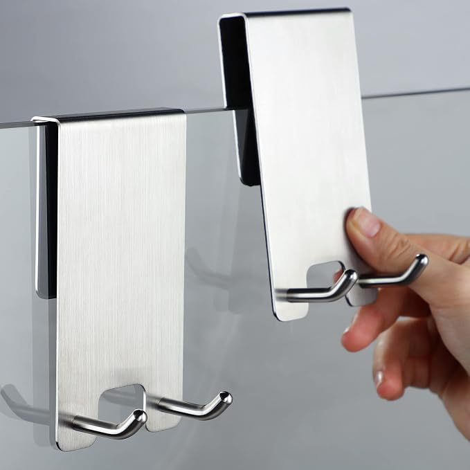 Taozun Over The Door Hooks - Stainless Steel Shower Towel Hooks, Squeegee Holder, Frameless Glass Shower Door, 2 Packs