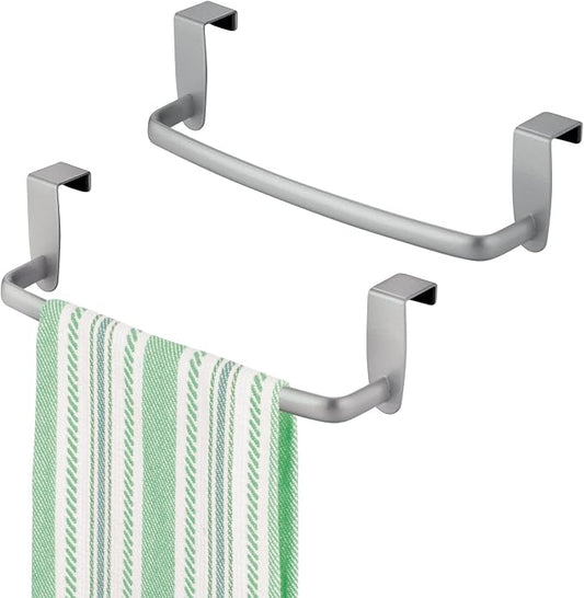 mDesign Steel Metal Wire Over Cabinet Towel Rack Storage Organizer - Hang on Cabinet or Door - Towel Bar Holder for Kitchen - Holds Hand Towels, Washcloths - Spira Collection, 2 Pack, Silver