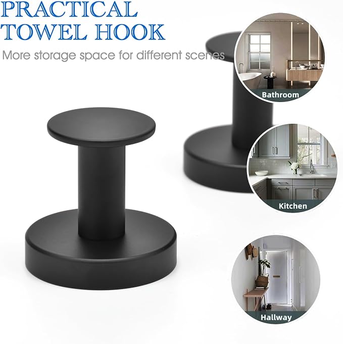 NEWRAIN Towel Hooks, 4 Pack Towel Holder for Bathroom Wall, Cabinet Closet Door, Kitchen, Bedroom, Hotel - Modern Design Effortless Mounting Towel Hangers, Robe Hook Matte Black