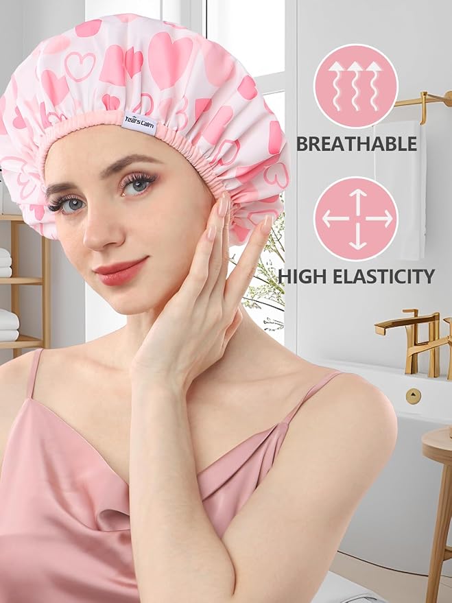 Years calm Shower Caps for Women Reusable Waterproof Double Layer Hair Cap | Both Sides Usable, Reversible Pattern & Solid Color Design, Soft Elastic Keeps Hair Dry for shower Spa Travel