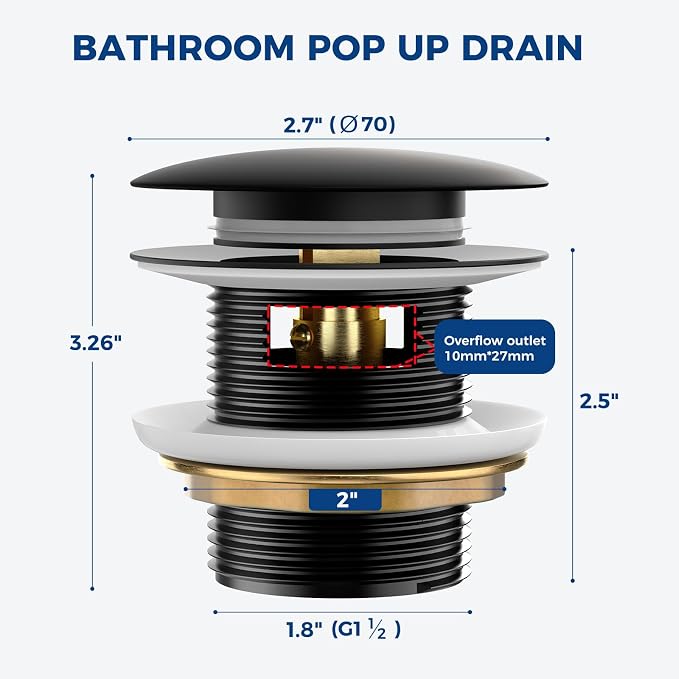 BOTEMY Solid Brass Pop-Up Drain with Overflow for Freestanding Tubs, Tool-Free Installation Bathtub Drain Stopper with Matte Black Finish, Universal Fit 1.8" Hole, Leak-Proof Heavy Duty（Matte Black