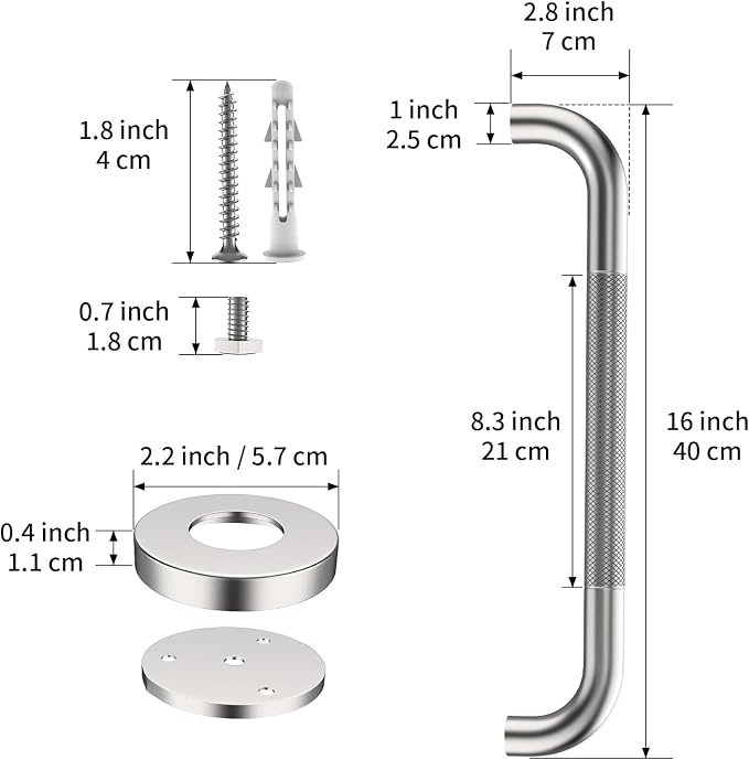 16 Inch Anti Slip Shower Grab Bar Handle, ZUEXT Brushed Nickel Stainless Steel Bathroom Grab Bar, Knurled Bathroom Balance Bar,Safety Hand Rail Support,Handicap Injury Senior Assist Bath Handle