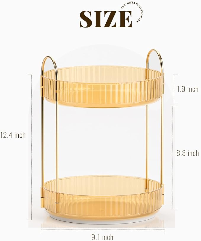 Bathroom Organizer Countertop, Rotating Makeup Organizer for Vanity, 2-Tier Make Up Organizers and Storage, Vanity Tray Shelf for Cosmetic, Skin Care, Lotions (Champagne Gold)