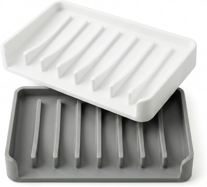 Bathway Silicone Soap Dishes for Shower, Self-Draining Bar Soap Holder Non-Slip Sink Organizer Tray for Sink, Bathroom & Kitchen, Keeps Bar Soap Dry& Dishwasher Safe, Gray & White(2 Pack)