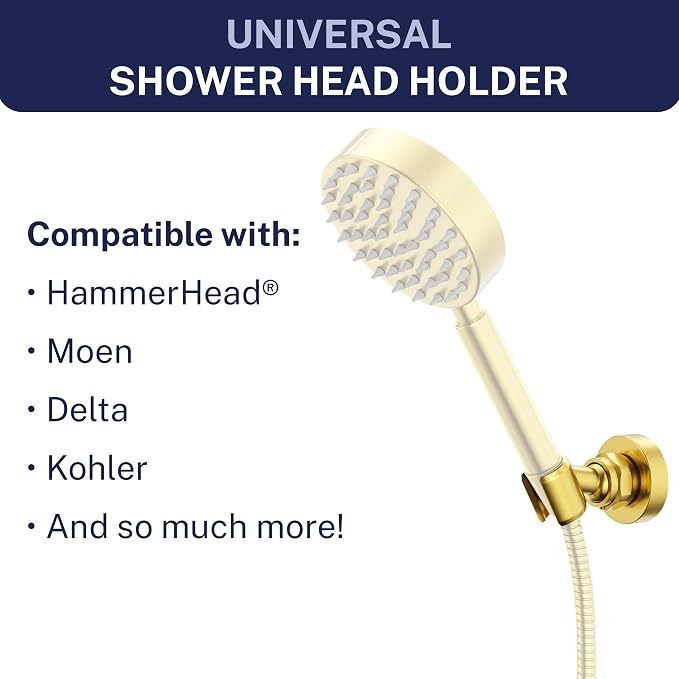 HammerHead Showers Solid Metal Handheld Showerhead Holder Wall Mount, Adjustable Screw-Mounted Pivot Ball, Shower Hose Holder, Fits Most Handheld Showerheads, Brushed Gold