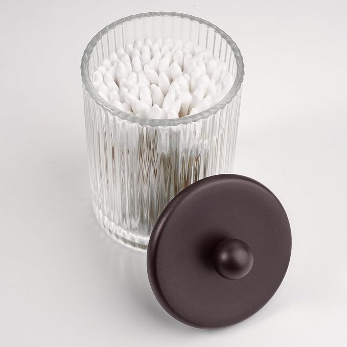 SheeChung 3 Pack Ribbed Glass Qtip Holder with Bamboo Tray & Metal Lids | Modern Industrial Bathroom Organizer Set for Cotton Rounds, Swabs, Flossers - Minimalist Vanity Storage Canister (Bronze )