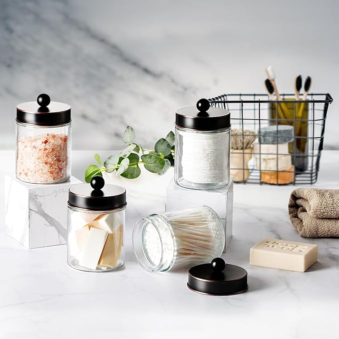 Amolliar 6 Pack Apothecary Jars Bathroom Organizer - Rustic Farmhouse Decor Qtip Holder with Stainless Steel Lids - Glass Bathroom Storage Canisters for Cotton Swabs, Rounds, Balls, Flossers (Bronze)