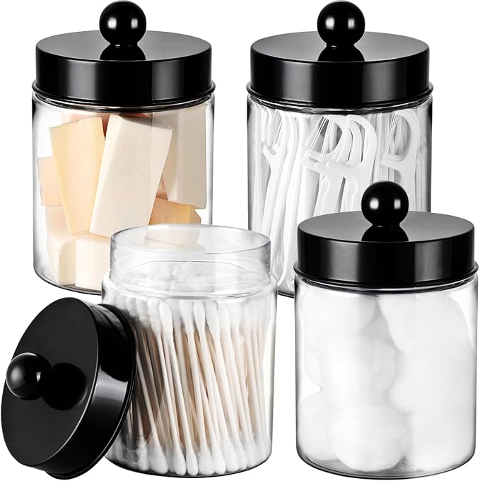 Amolliar Acrylic Apothecary Jar Bathroom Qtip Holder Black 4 Pack | for Bathroom Storage Vanity , Countertop, Farmhouse Style, Holds Cotton Swabs, Dental Floss, Makeup Sponges,Home Decor