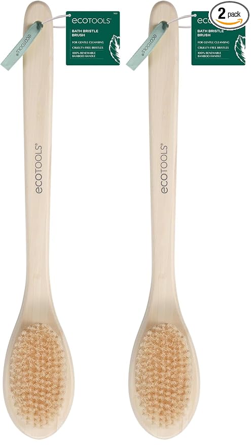 EcoTools Bristle Bath Brush, Shower Body Brush with Gentle, Stiff Bristles, Long Bamboo Handle, Gently Exfoliating for Back & Body, Stimulates Blood Circulation, Eco-Friendly, 1 Count (Pack of 2)