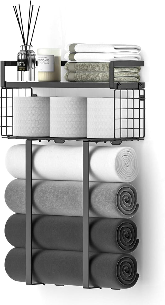 Xstydes Towel Racks for Bathroom, Metal Towel Holder with Storage Basket,Wall Towel Rack for Rolled Towels, Towel Storage for Small Bathroom,Black