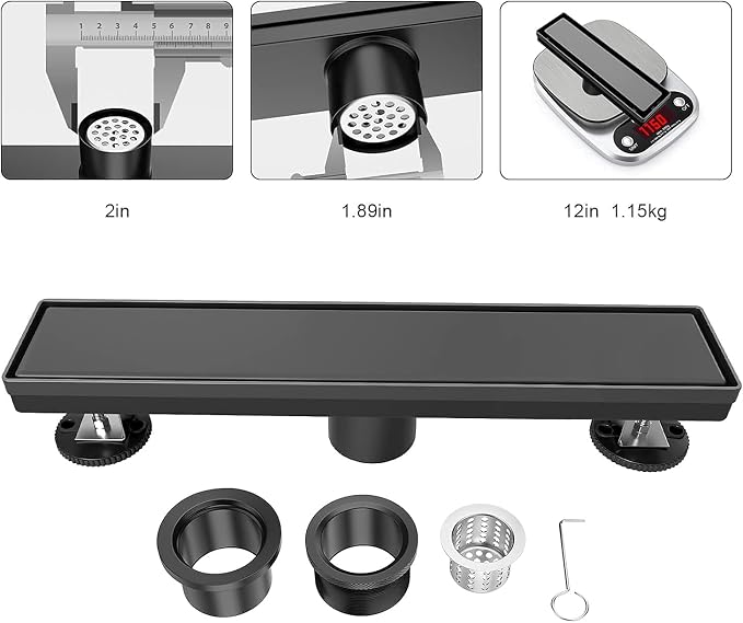 EXF Linear Shower Drain 12 Inch Matte Black with Reversible Flat & Tile Insert Cover, Stainless Steel Rectangle Shower Floor Drain with Hair Catcher, Adjustable Feet