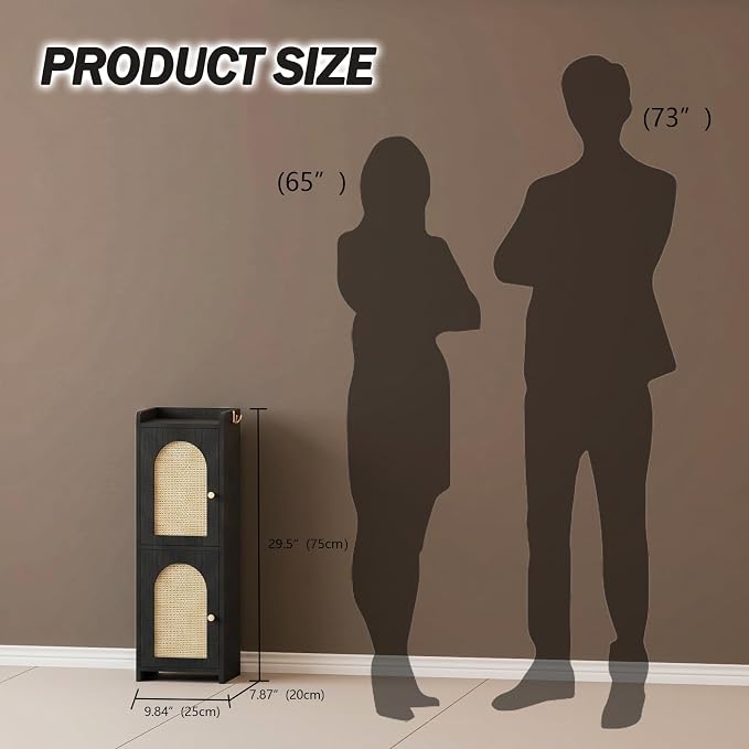 Rattan Bathroom Storage Cabinet,Corner Floor Cabinet with 2 Doors and Adjustable Shelf, Narrow Toilet Paper Cabinets with 2Hooks,Toilet Organizer for Small Spaces,7.87"D*9.84"W*29.72"H（Black）