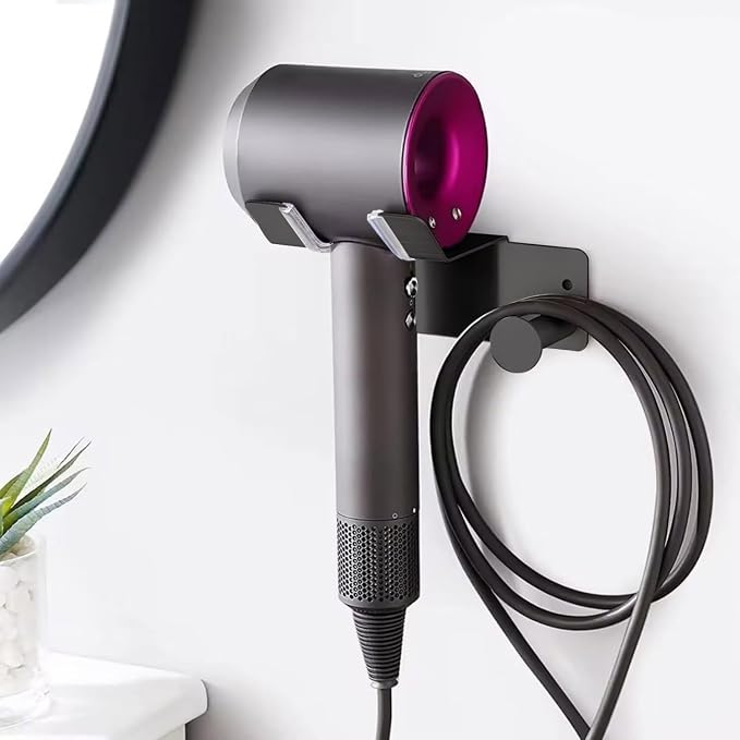 Hair Dryer Holder, Hair Dryer Holder Wall Mounted, Self Adhesive Blow Dryer Holder, Stainless Steel Hair Dryer Stand, Hairdryer Holder for Bathroom Black BANJEKT