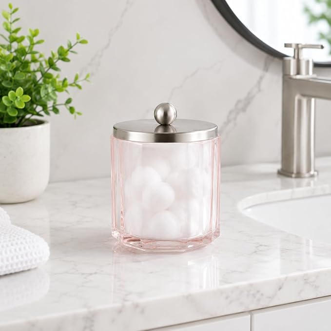 Blush Translucent Apothecary Octagional Shaped Glass Canister Jar With Metal Lid Cover for Bathroom Organization, Cotton Balls, Q Tips, and Small Accessories, Bathroom Storage