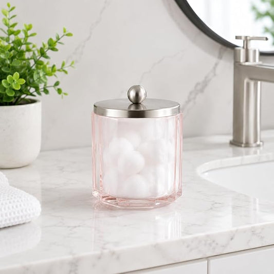 Blush Translucent Apothecary Octagional Shaped Glass Canister Jar With Metal Lid Cover for Bathroom Organization, Cotton Balls, Q Tips, and Small Accessories, Bathroom Storage