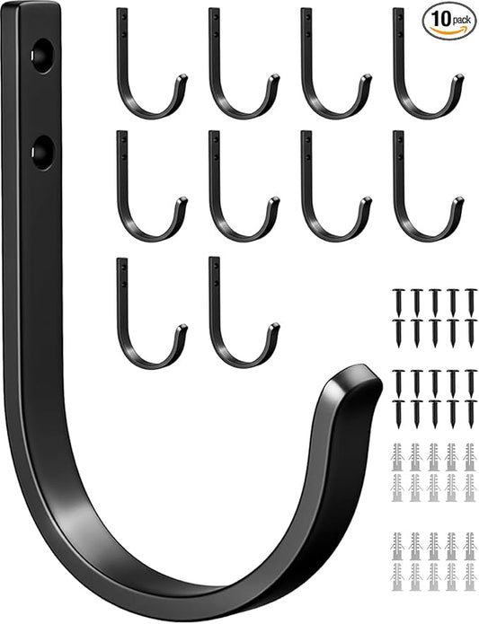 10-Pack Wall Hooks for Hanging Towel/Coat - 22LB Screw in Metal Hanger Wall Mount, for Outdoor, Closet, Door, Bathrooms, for Backpack, Robe, Black