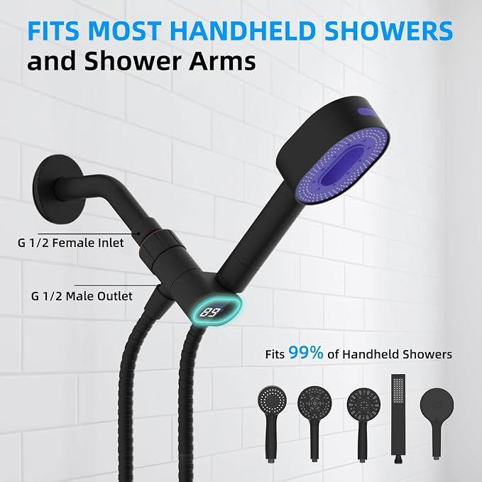 Hibbent Upgraded Metal Shower Head Holder with LED Display Thermometer, Adjustable Shower Arm Mount for Handheld, Universal Handheld Bracket, Solid Brass Ball, Oil-Rubbed Bronze