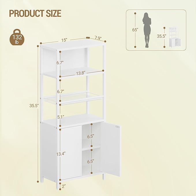 Hzuaneri Storage Bathroom Cabinet, Bathroom Floor Cabinet with Doors and Open Adjustable Shelf, Small Cabinets with Ventilated Metal Grid, Freestanding Storage Cabinets, White 7.9"D x 15"W x 35.5"H