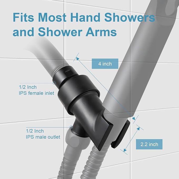 OFFO Shower Head Holder All Metal for Handheld Shower Head, Adjustable Shower Arm Mount with Solid Brass Pivot Ball, 1/2 in IPS Female Inlet and Male Outlet, Matte Black