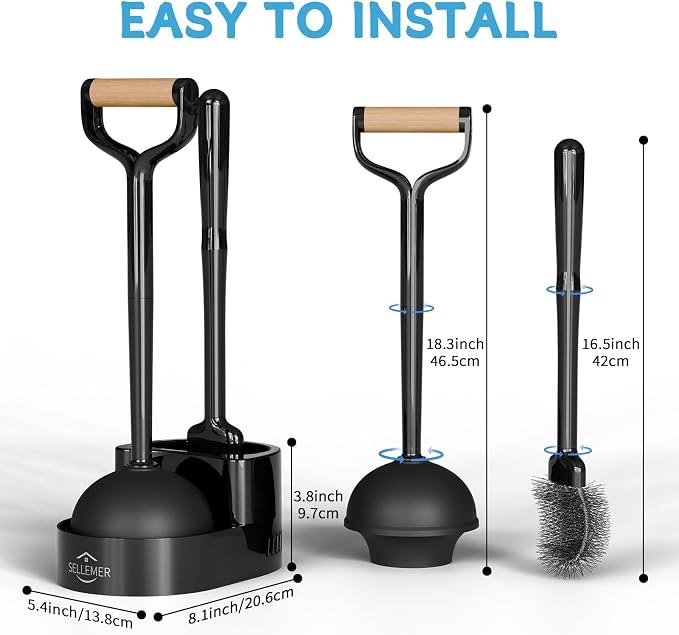 Sellemer Toilet Brush and Plunger Set, Curved Head for Deep Cleaning, Black | Brush and Plunger set, Curved Nylon Bristles for Deep Clean, Strong Suction Plunger, Ventilated Holder for Quickly Air Dry
