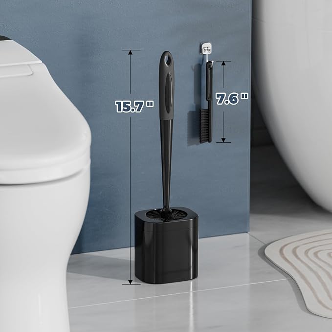 Holaloha Toilet Brush and Holder Set, Space Saving, 3 Pack, Black | Bathroom Accessories, Ergonomic Silicone Handle, Dense Bristles, Deep Cleaning, with 3 Crevice Brushes, Compact Design