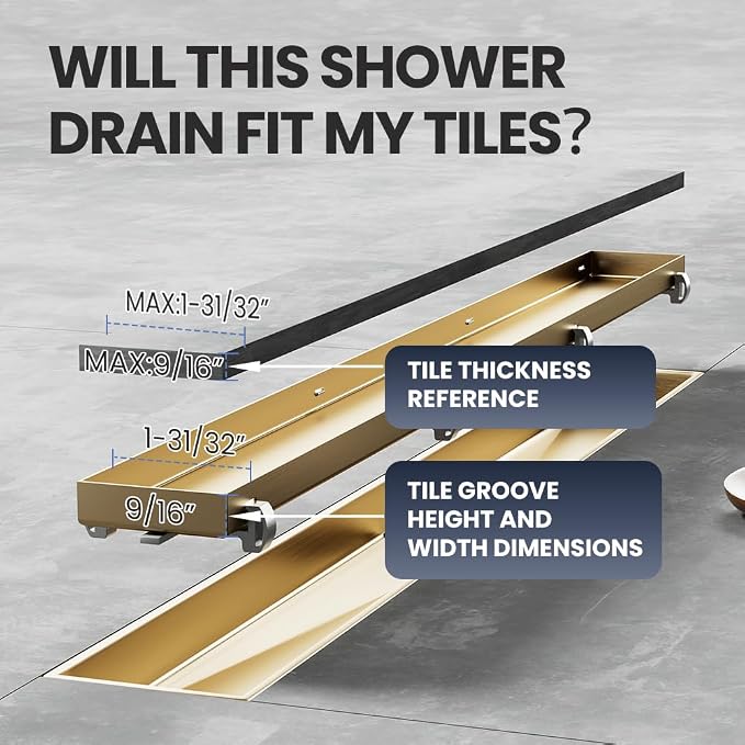 Linear Shower Drain 28 Inch Gold, Brushed AISI 304 Stainless Steel Shower Drain with 2-in-1 Tile Insert Panel, for Bathroom, Kitchen, Garage & More