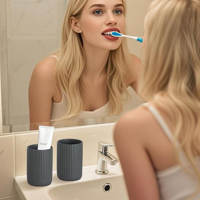 Ceramic Bathroom Tumbler, Ribbed Bathroom Toothbrush Holder Cups, Tooth Brush Holder Set, Reusable Toothbrush Mouthwash Cup, Toothpaste Holder Toothbrush Organizer for Bathroom Counter