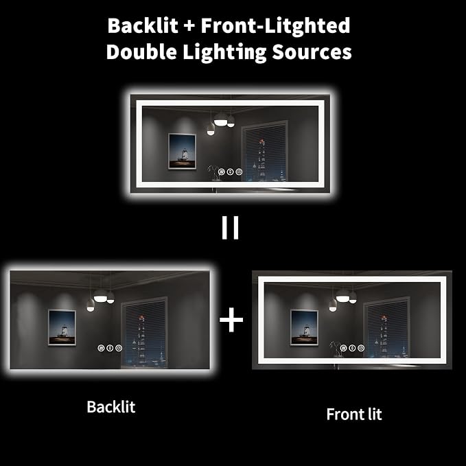 LOAAO 55"X30" LED Bathroom Mirror with Lights, UL Listed | Anti-Fog, Dimmable, 3 Color Temperature, Backlit + Front Lit, Memory Function, Tempered Glass