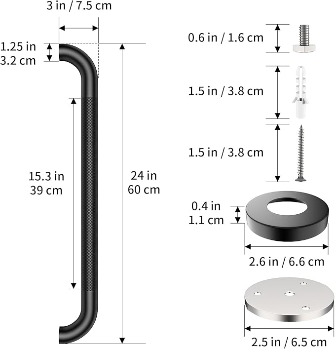 24 Inch Shower Grab Bar, ZUEXT Stainless Steel Bathroom Safety Handle w/Knurled Non-Slip Grip, Heavy Duty Wall Mounted Bathtub Toilet Support Rail for Elderly Seniors Disabled (Black, 1.25" Diameter)