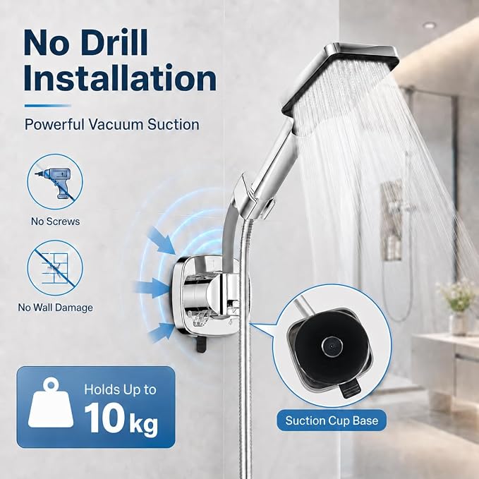 Chrome Suction Shower Head Holder, No Drill Handheld Shower Wand Bracket with Adjustable Angle Removable Vacuum Holder for Smooth Tile Glass Marble Metal Fits Standard 1/2" Hoses