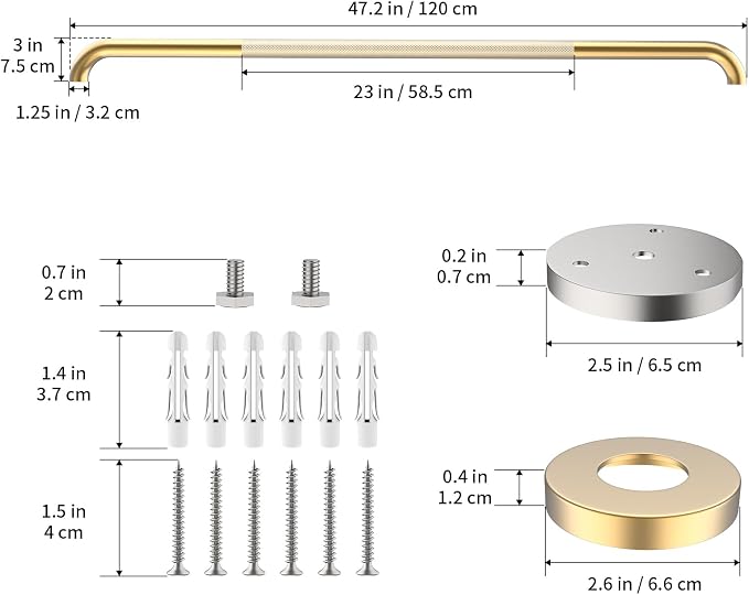 47 Inch Brushed Gold Shower Grab Bar w/Anti-Slip Knurled Grip,YuanDe Stainless Steel Bathroom Grab Bars,Handicap Injury Elderly Senior Assist Support Shower Handle