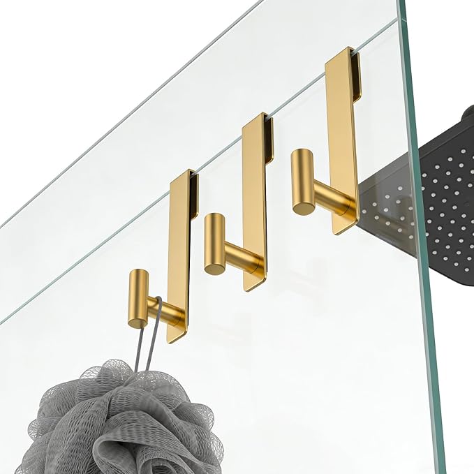 PMMASTO Shower Door Hooks, (7.5 Inch) Extended Towel Hooks for Bathroom Frameless Glass Shower Door, Stainless Steel Heavy Duty Hooks (Gold, T Shape-Fits 3/8" Thick Door)