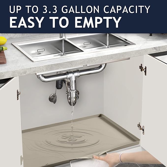 Heavy Duty Silicone Under Sink Mats for Kitchen Waterproof 31" x 22", Extra Thick Under Sink Rubber Mat Drip Tray, Raised Edge Under Sink Liner,Prevent Drips, Leaks, Spills,Brown