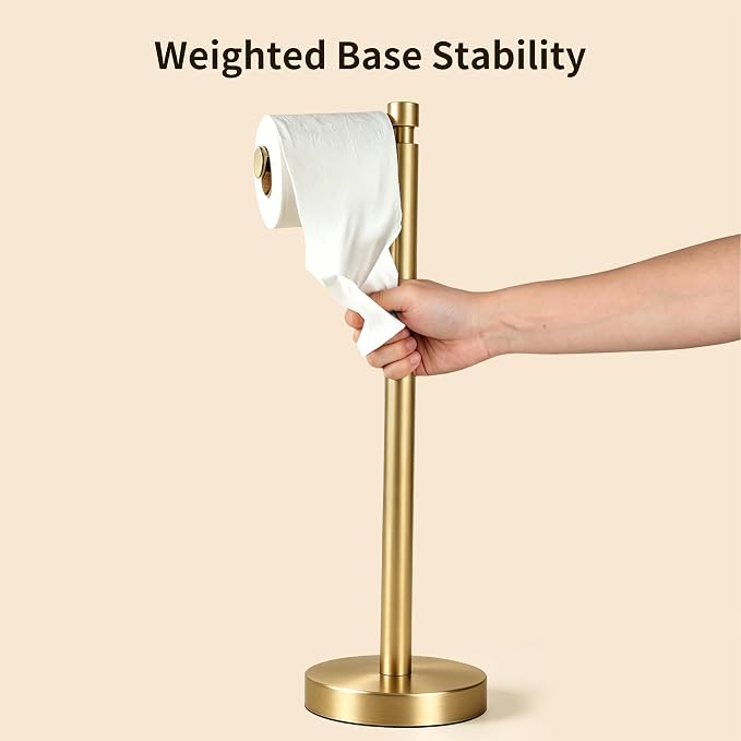 Toilet Paper Holder Stand, 4.4lbs Heavy Duty, Brushed Gold | Stainless Steel Design with Open-Arm Access for Bathrooms and Powder Rooms